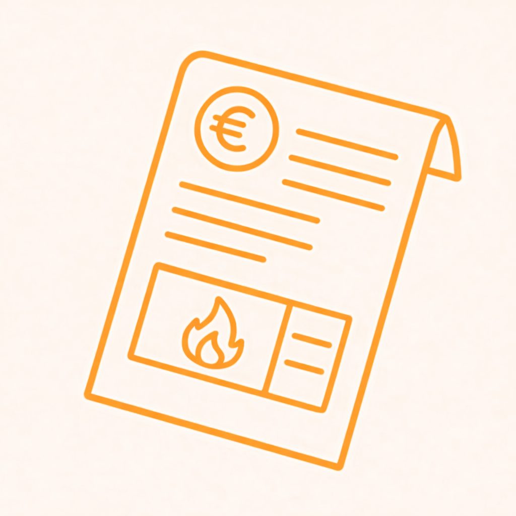 Icona vettoriale di una bolletta energetica in stile outline arancione su sfondo chiaro. Illustrazione minimalista con simbolo dell&rsquo;euro, righe di testo stilizzate e icona di fiamma, ideale per siti web di comparazione tariffe, energia e risparmio. Design moderno e coerente con grafiche di calcolatore o strumenti di analisi bolletta.