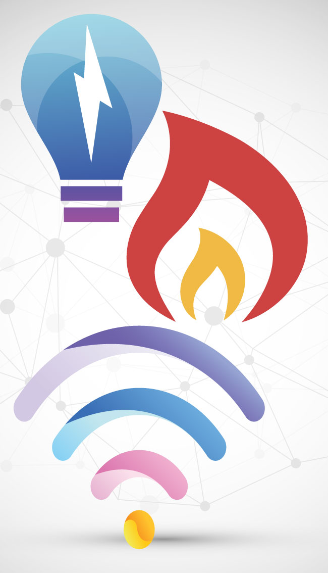 Icone stilizzate di una lampadina per l'energia elettrica, una fiamma per il gas e un simbolo Wi-Fi per la connessione fibra internet su sfondo a rete neurale.