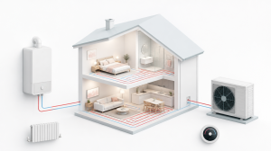 Casa con caldaia, pompa di calore e impianto di riscaldamento a confronto.